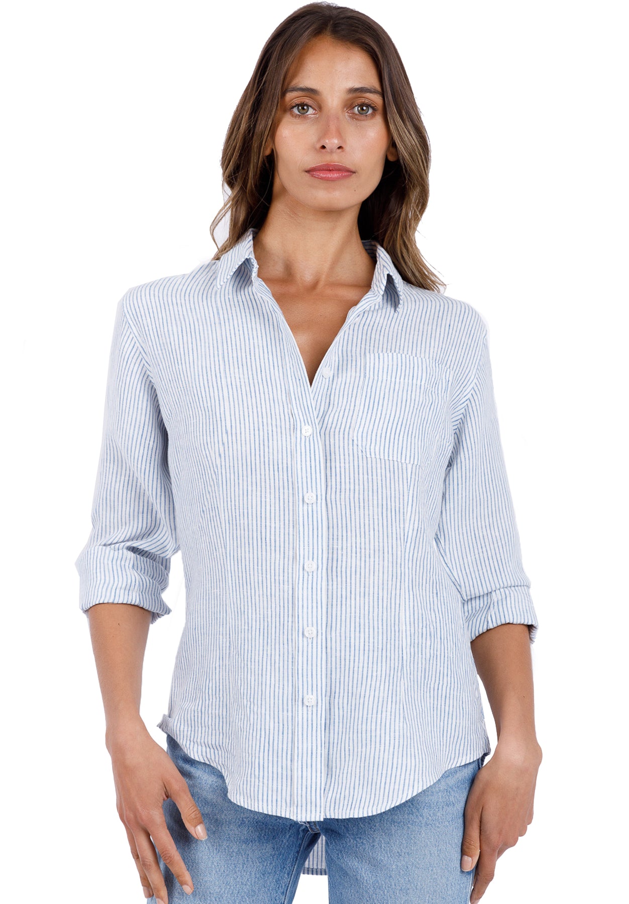 Rina Light Blue Stripes Slim-Fit Linen Shirt – CAMIXA