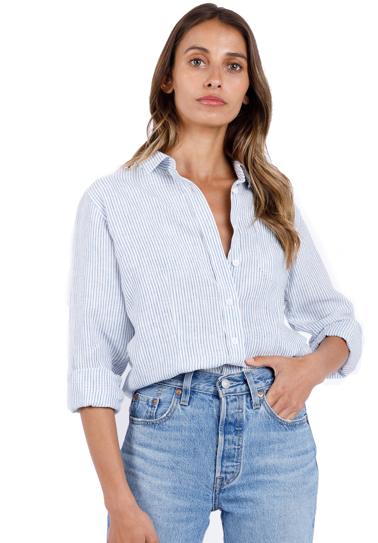 Rina Light Blue Stripes Slim-Fit Linen Shirt – CAMIXA