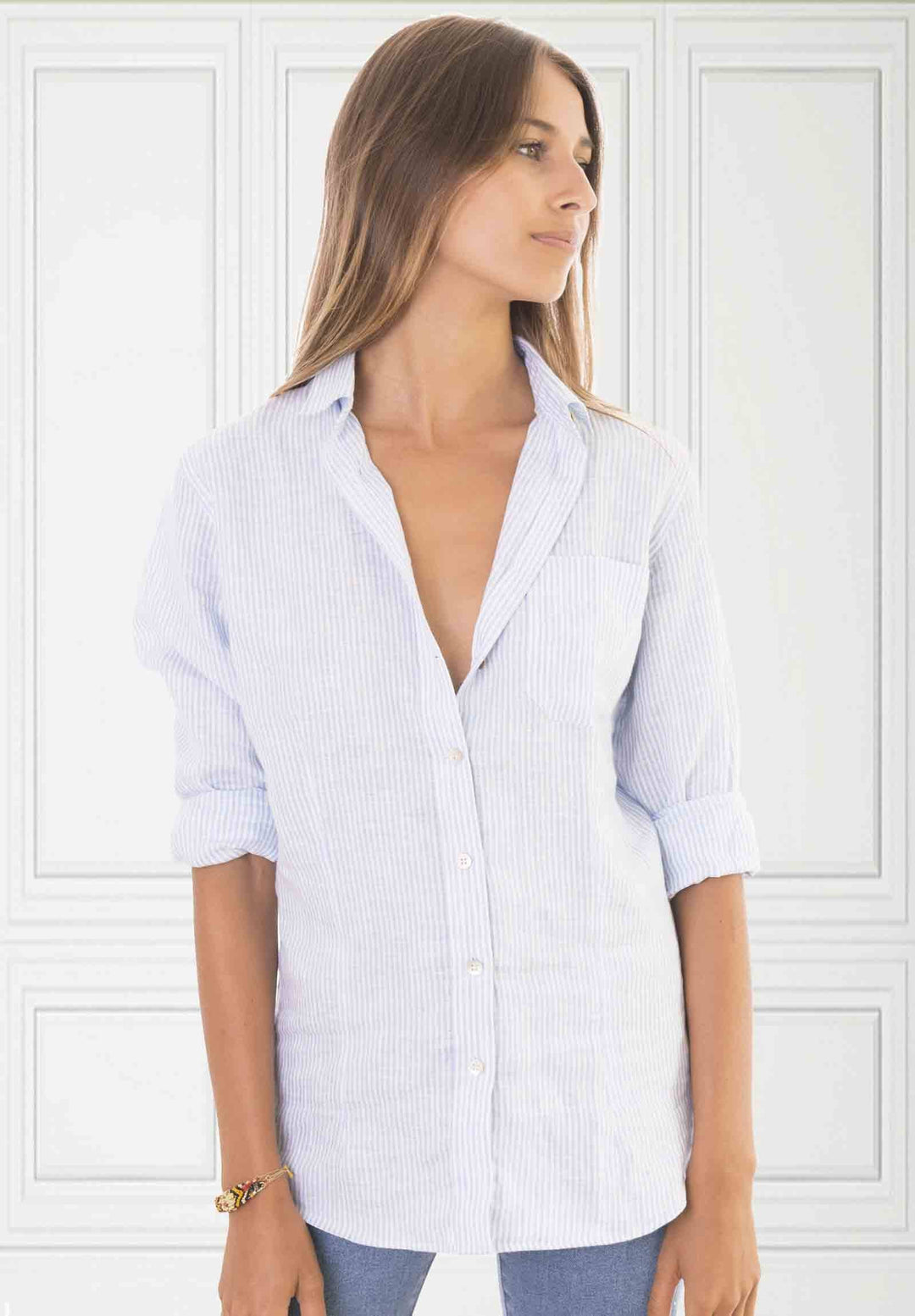 Rina Azure, Pin Striped Linen Shirt