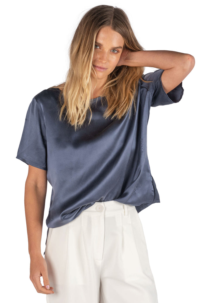 Teena-Satin Avio Blue, 100% Silk T-Shirt