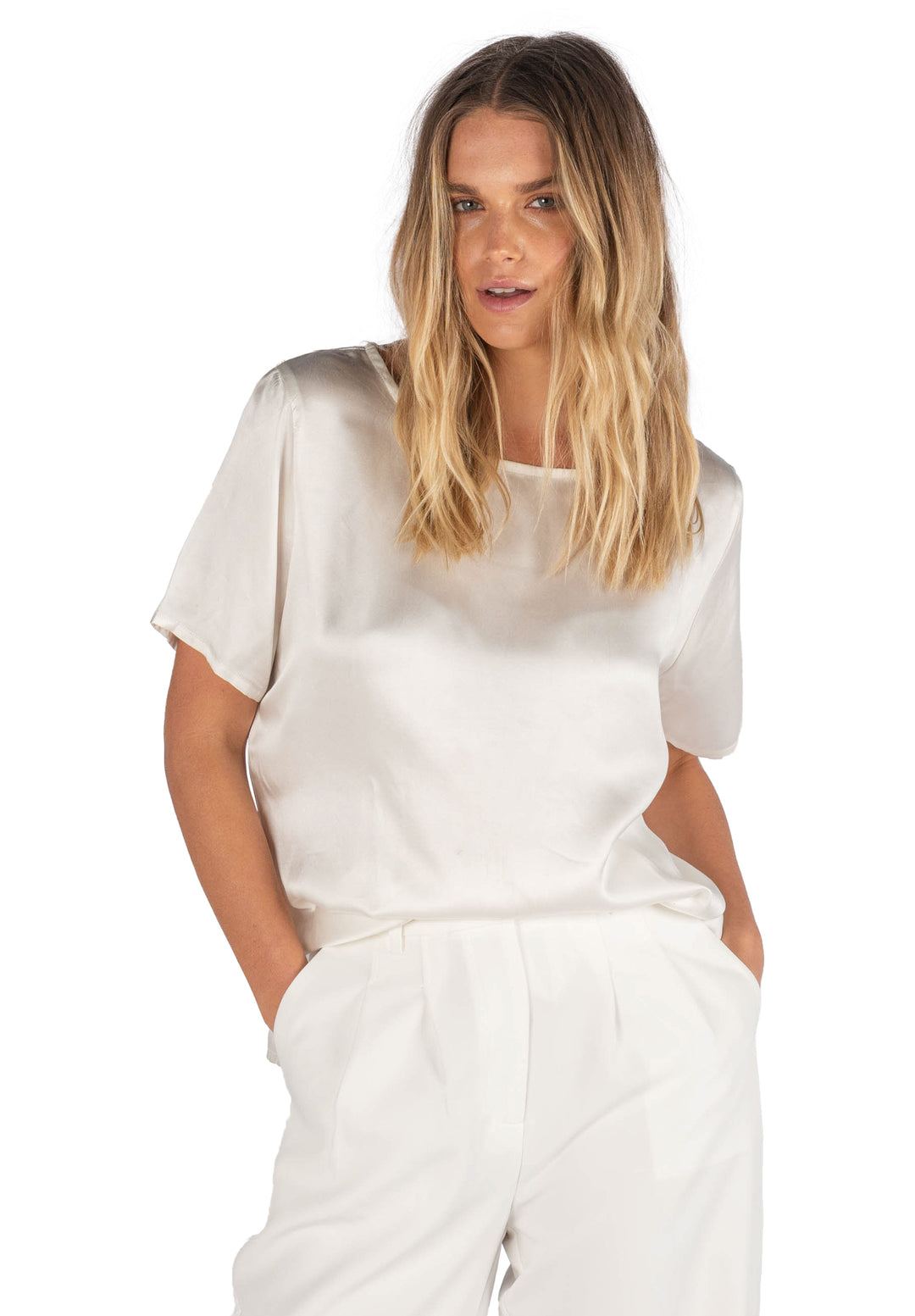 Teena-Satin White, 100% Silk T-Shirt