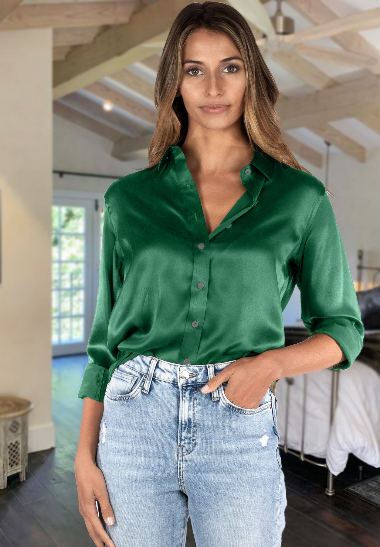 Satin Emerald Green Relaxed Fit Charmeuse Silk Shirt – CAMIXA