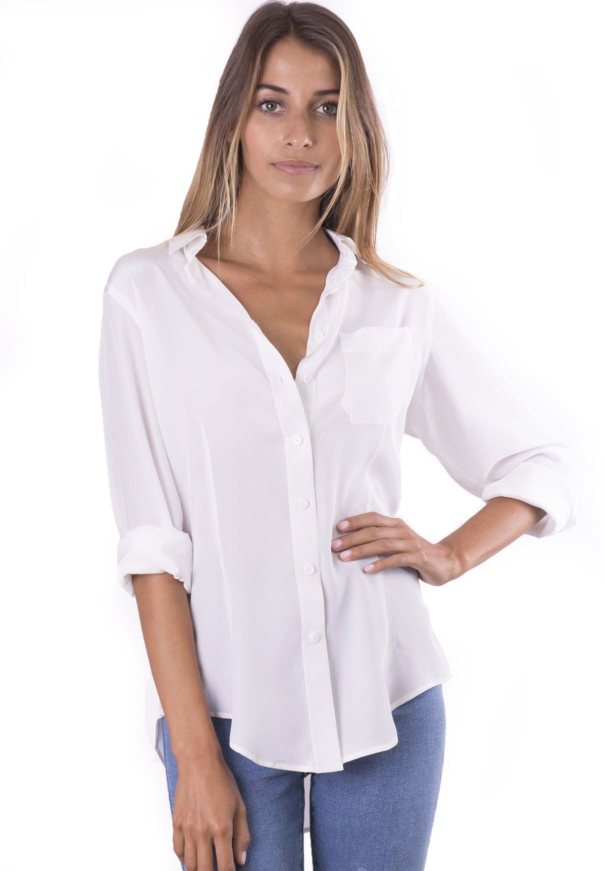 Seta White, Pure Crepe de Chine Silk, Slim-Fit Shirt