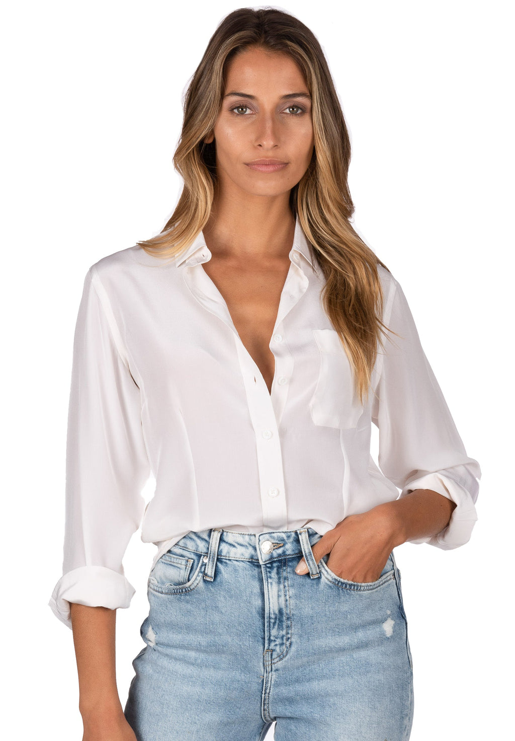 Seta White, Pure Crepe de Chine Silk, Slim-Fit Shirt