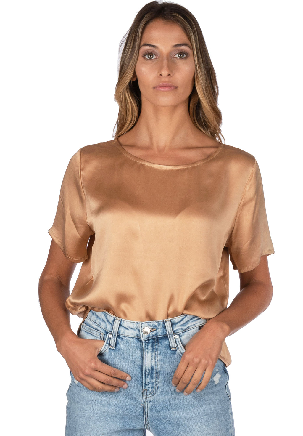 Teena Satin Tan, 100% Silk T-Shirt