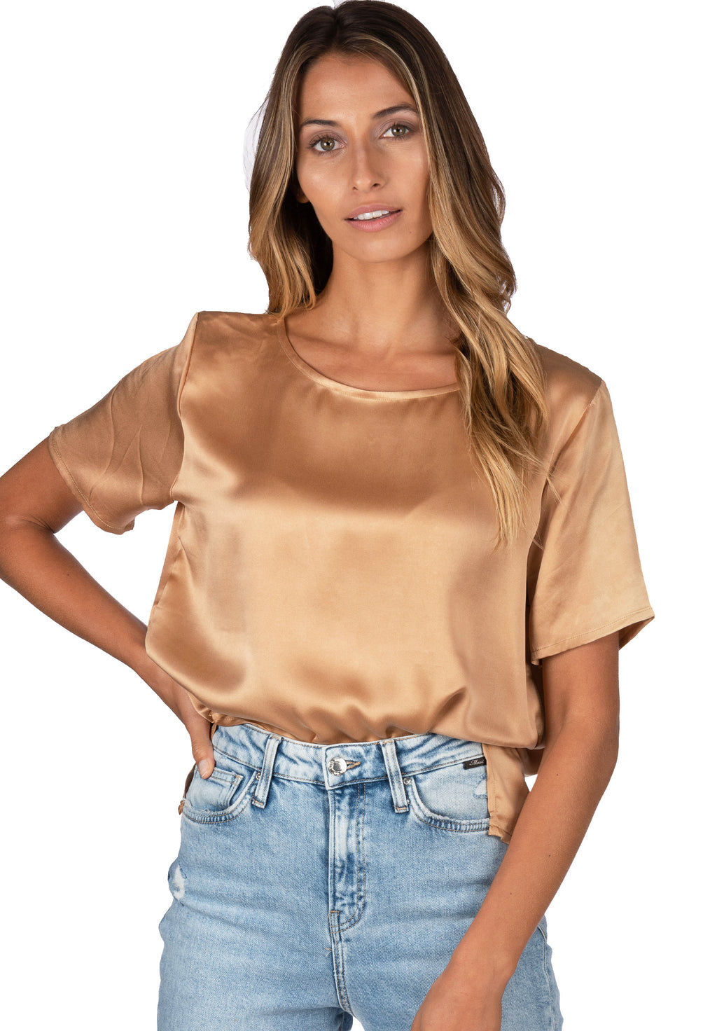 Teena Satin Tan, 100% Silk T-Shirt