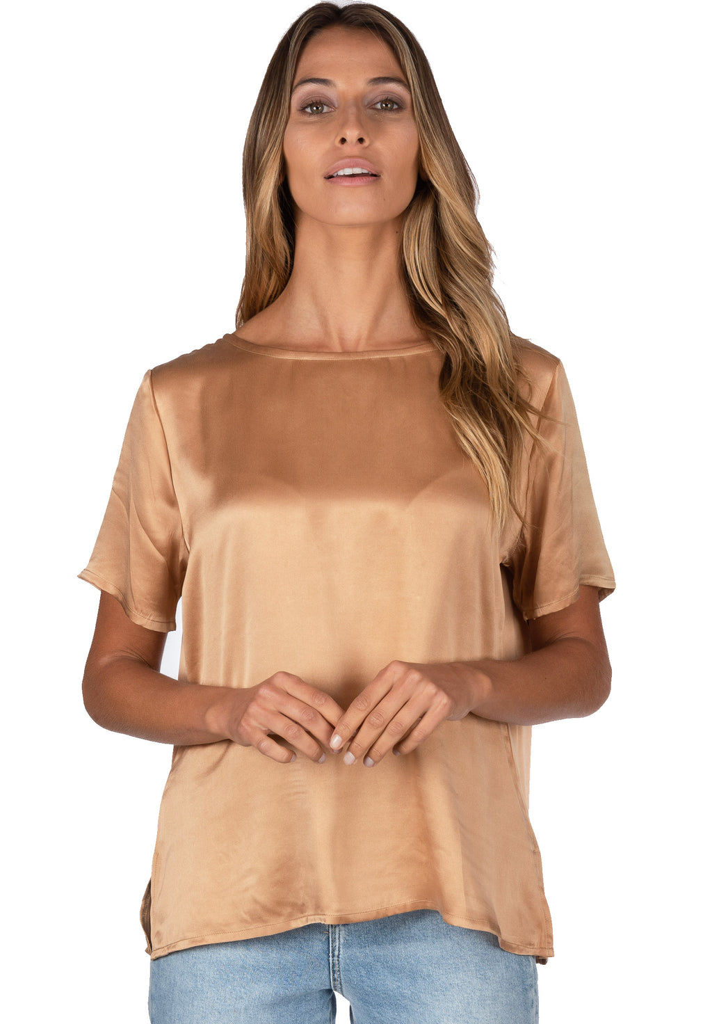 Teena Satin Tan, 100% Silk T-Shirt