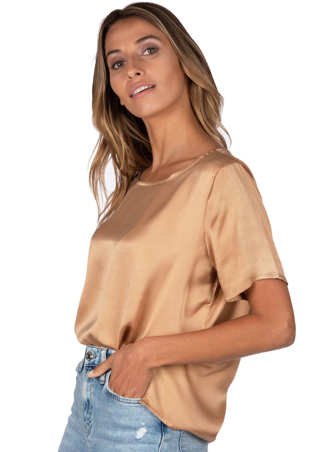 Teena Satin Tan, 100% Silk T-Shirt
