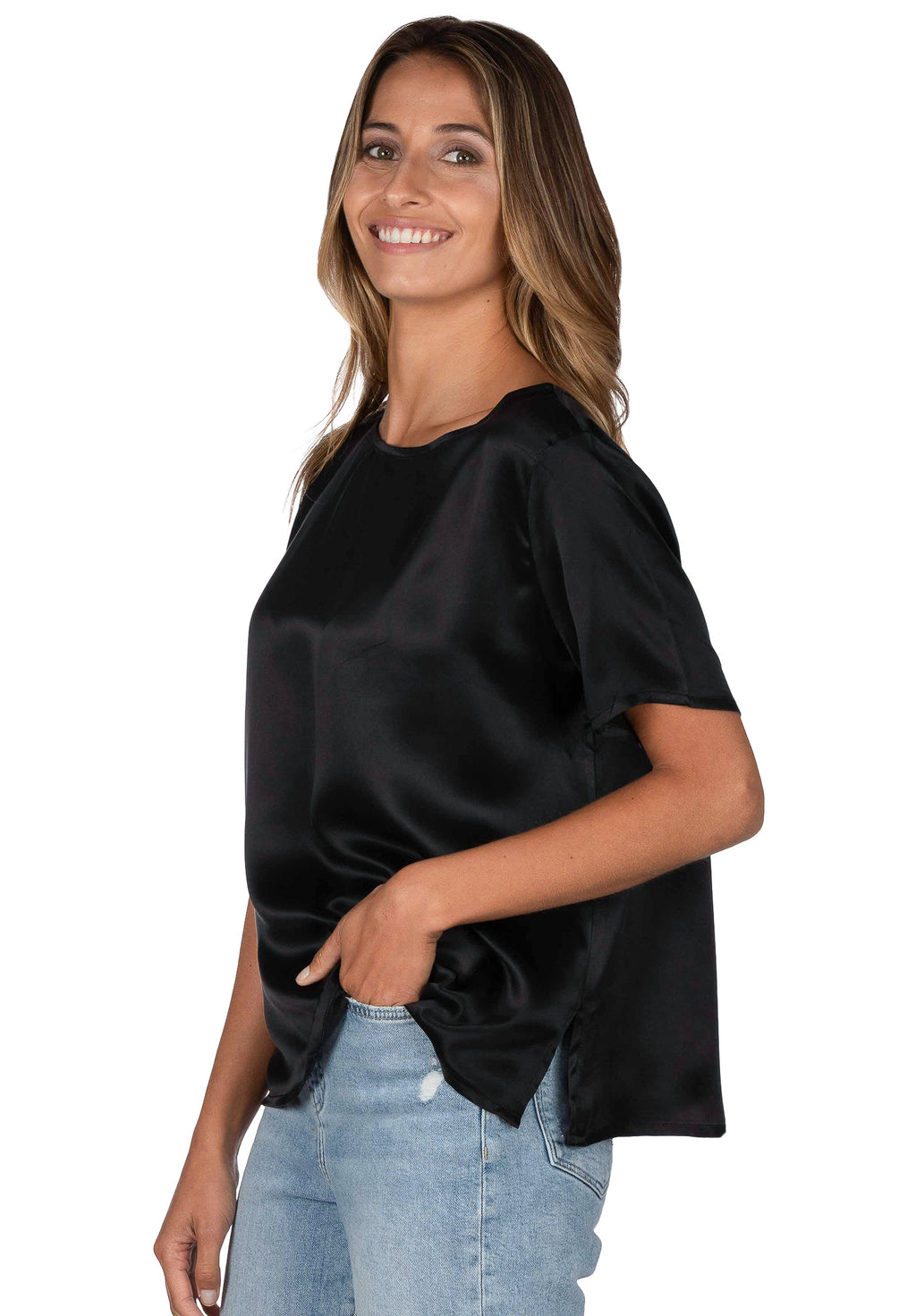 Teena Satin Black, 100% Silk T-Shirt