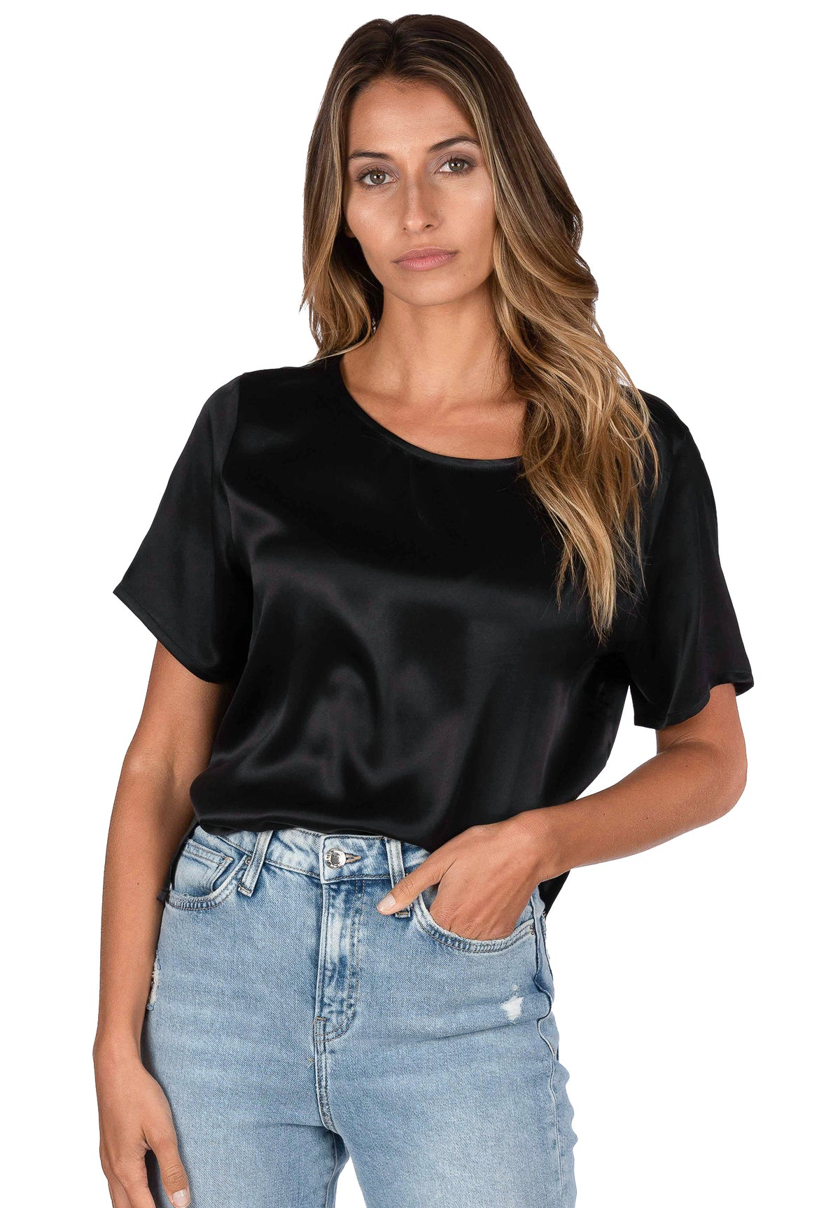 Teena Satin Black, 100% Silk T-Shirt