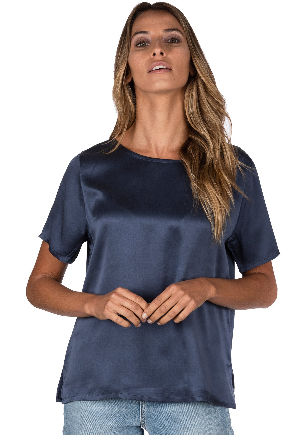 Teena Satin Avio Blue, 100% Silk T-Shirt