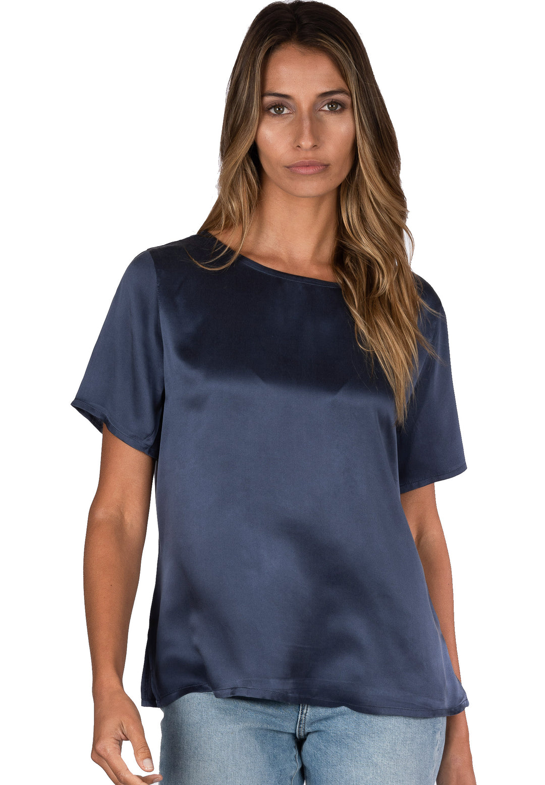 Teena Satin Avio Blue, 100% Silk T-Shirt