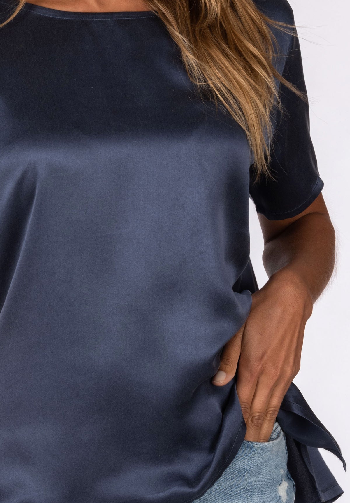 Teena Satin Avio Blue, 100% Silk T-Shirt