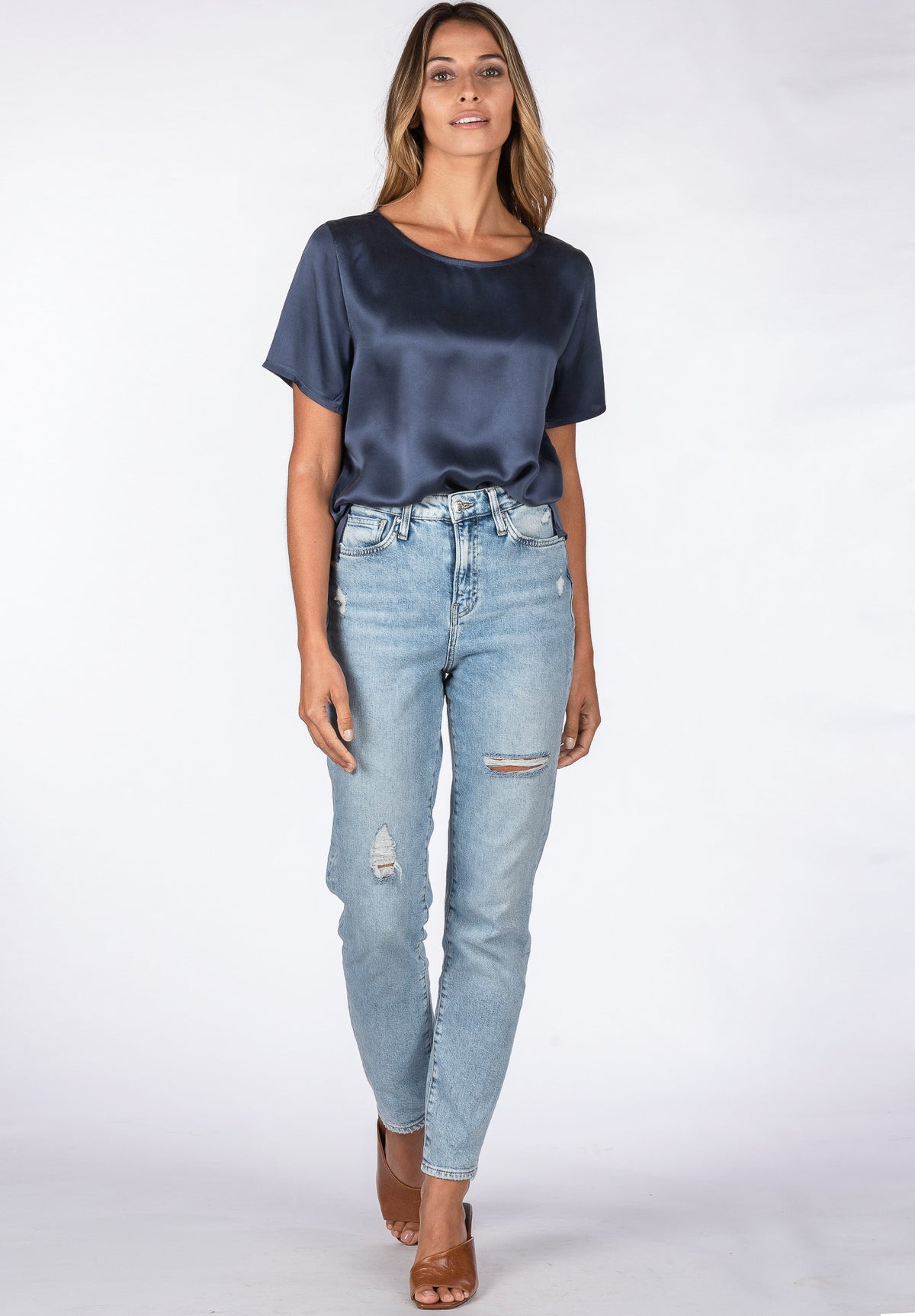 Teena Satin Avio Blue, 100% Silk T-Shirt
