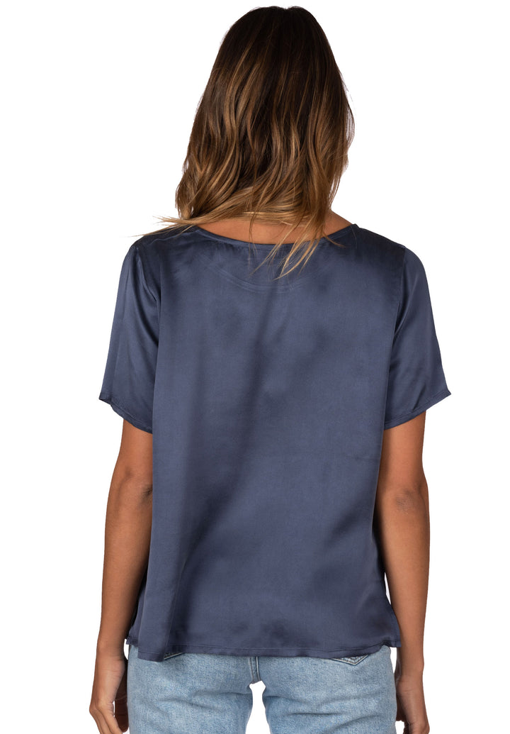 Teena Satin Avio Blue, 100% Silk T-Shirt