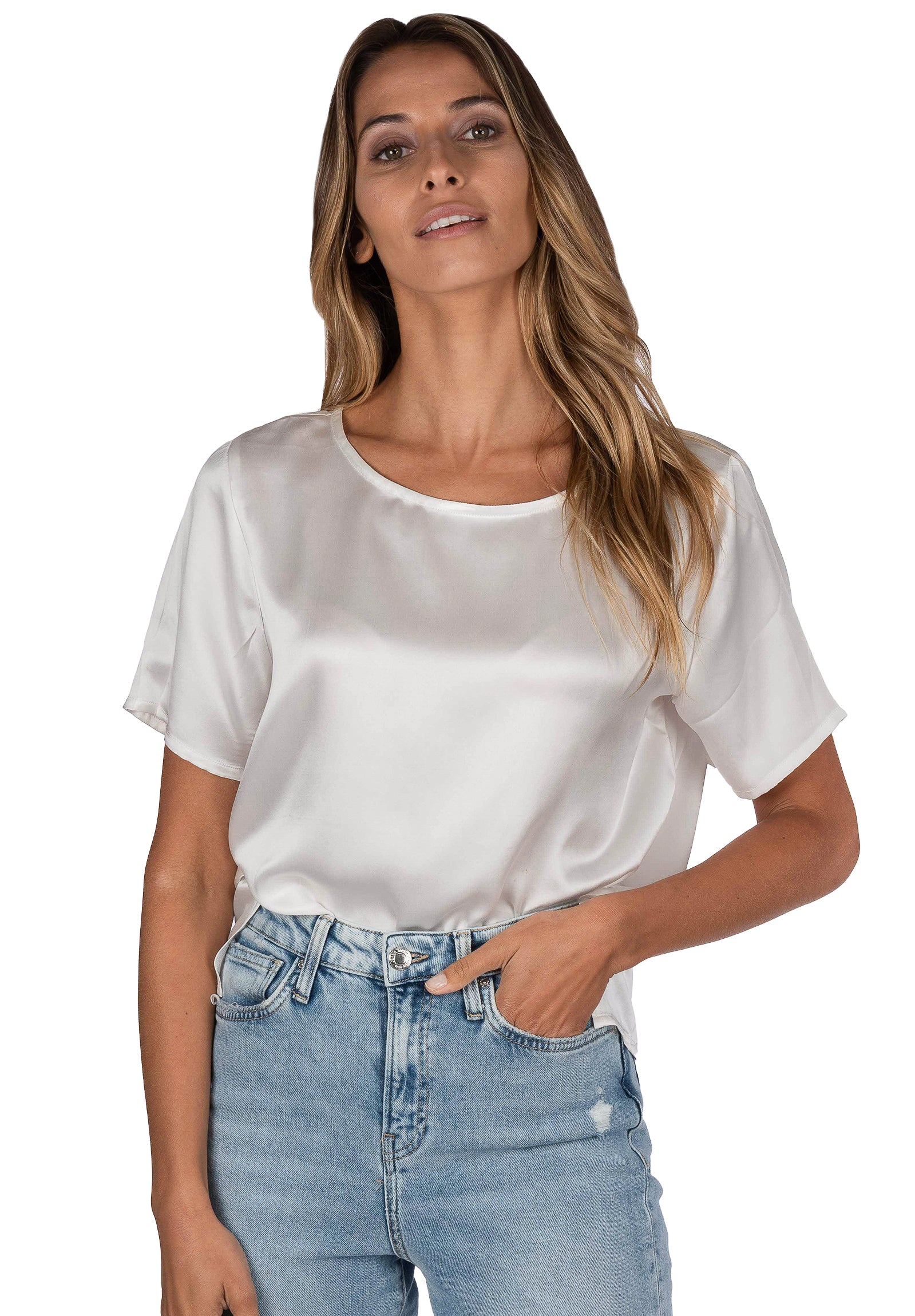 Teena Satin White, 100% Silk T-Shirt