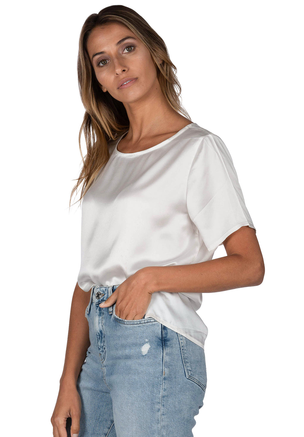 Teena Satin White, 100% Silk T-Shirt