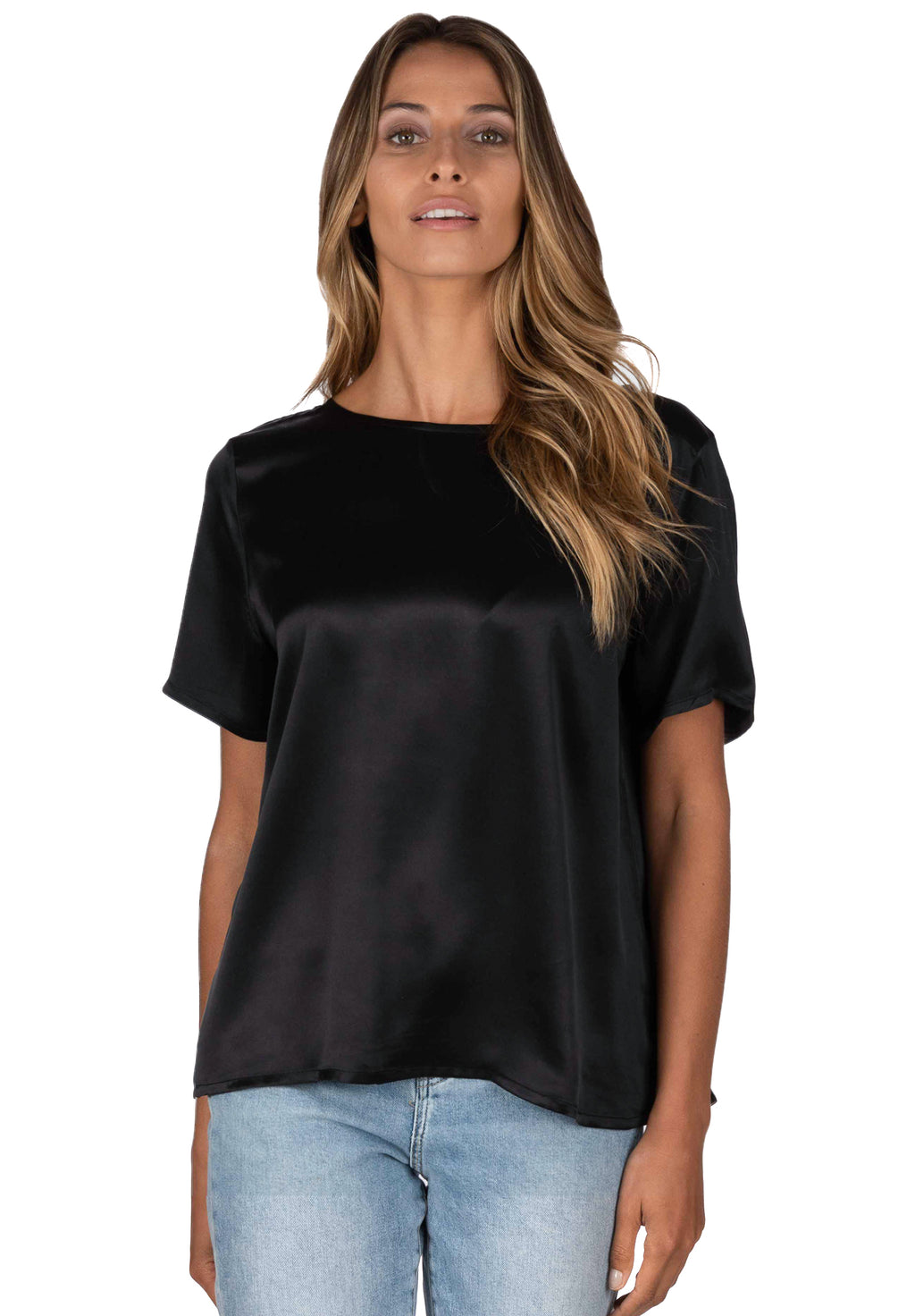 Teena Satin Black, 100% Silk T-Shirt