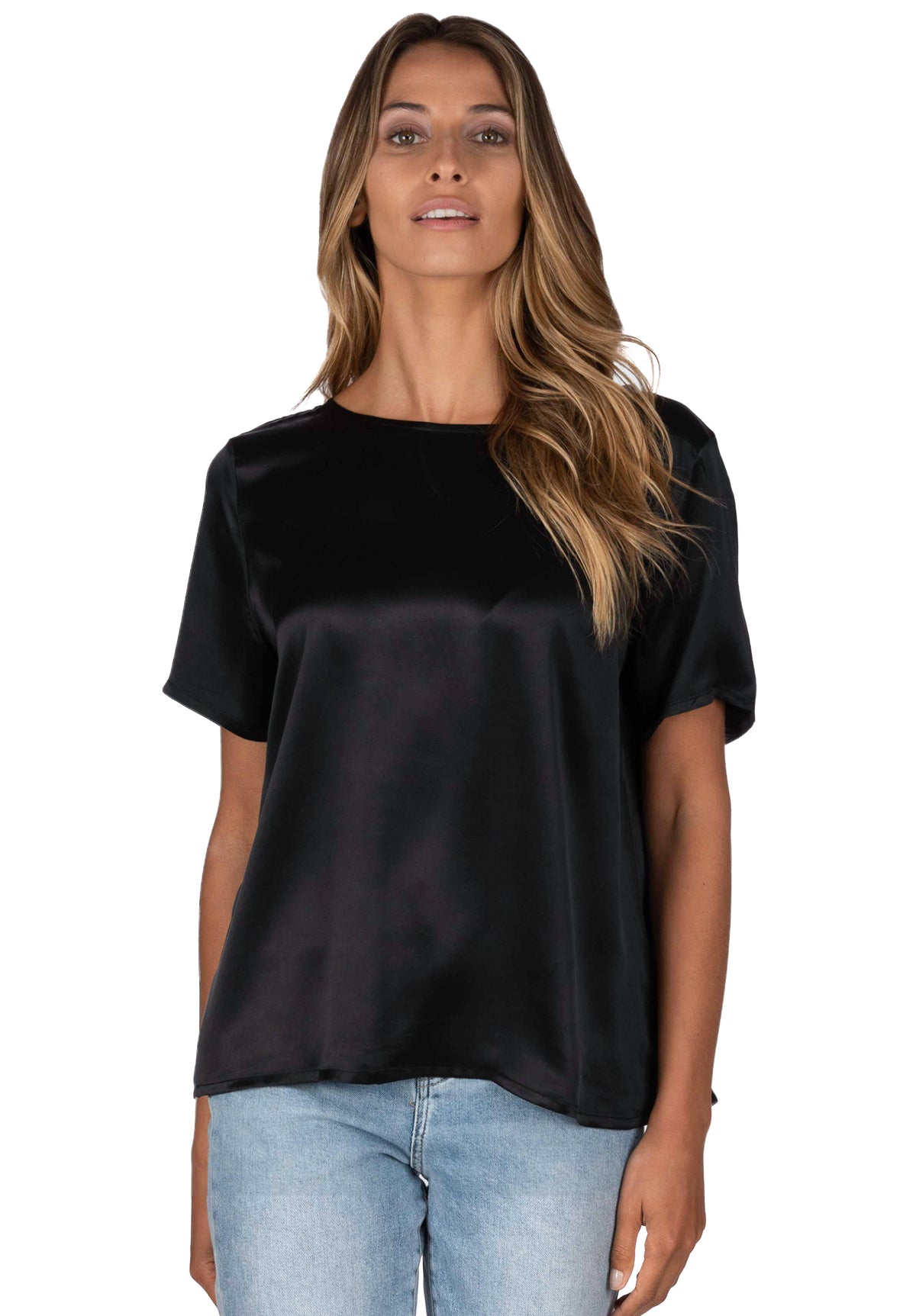 Teena Satin Black, 100% Silk T-Shirt