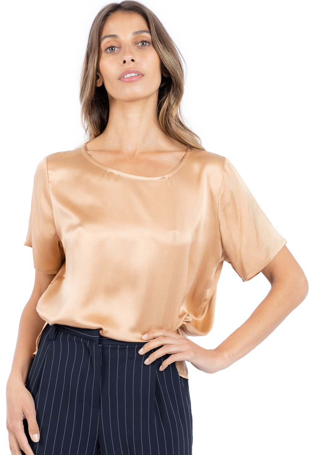Teena Satin Tan, 100% Silk T-Shirt