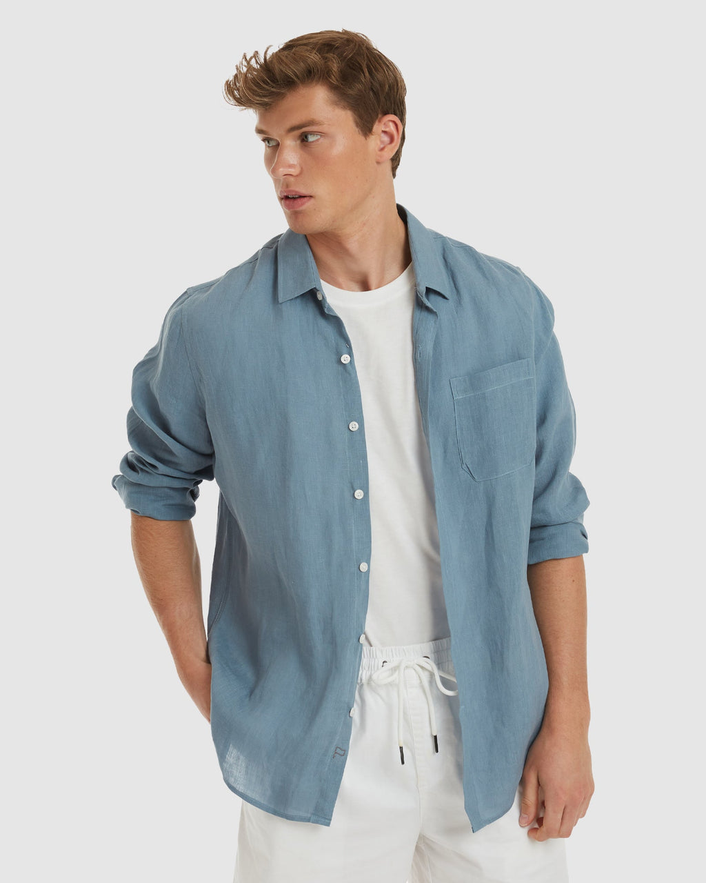 Tulum-Slim Dusk Blue Linen Shirt Long Sleeve