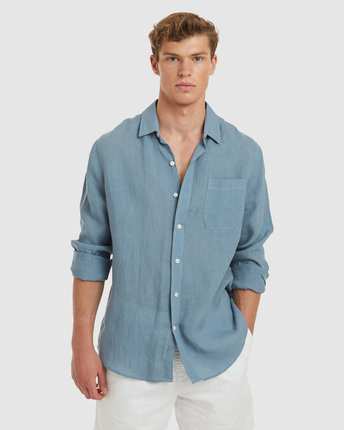 Tulum-Slim Dusk Blue Linen Shirt Long Sleeve