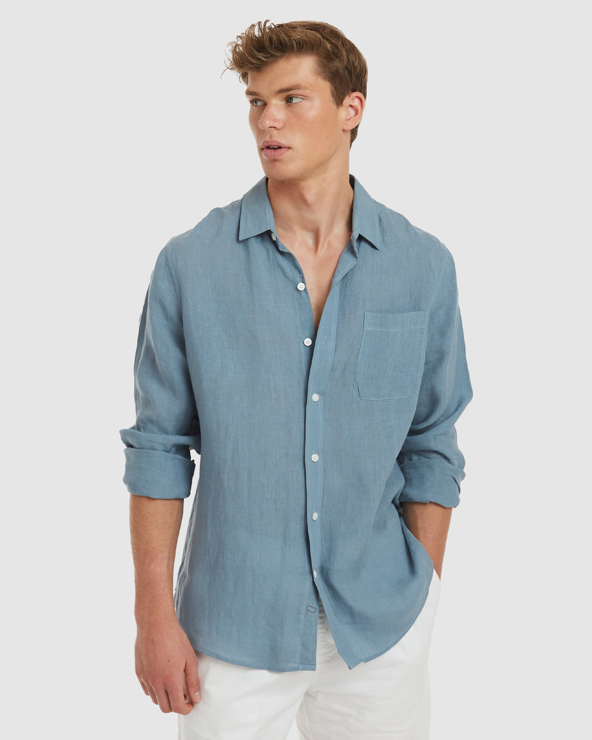 Tulum-Slim Dusk Blue Linen Shirt Long Sleeve