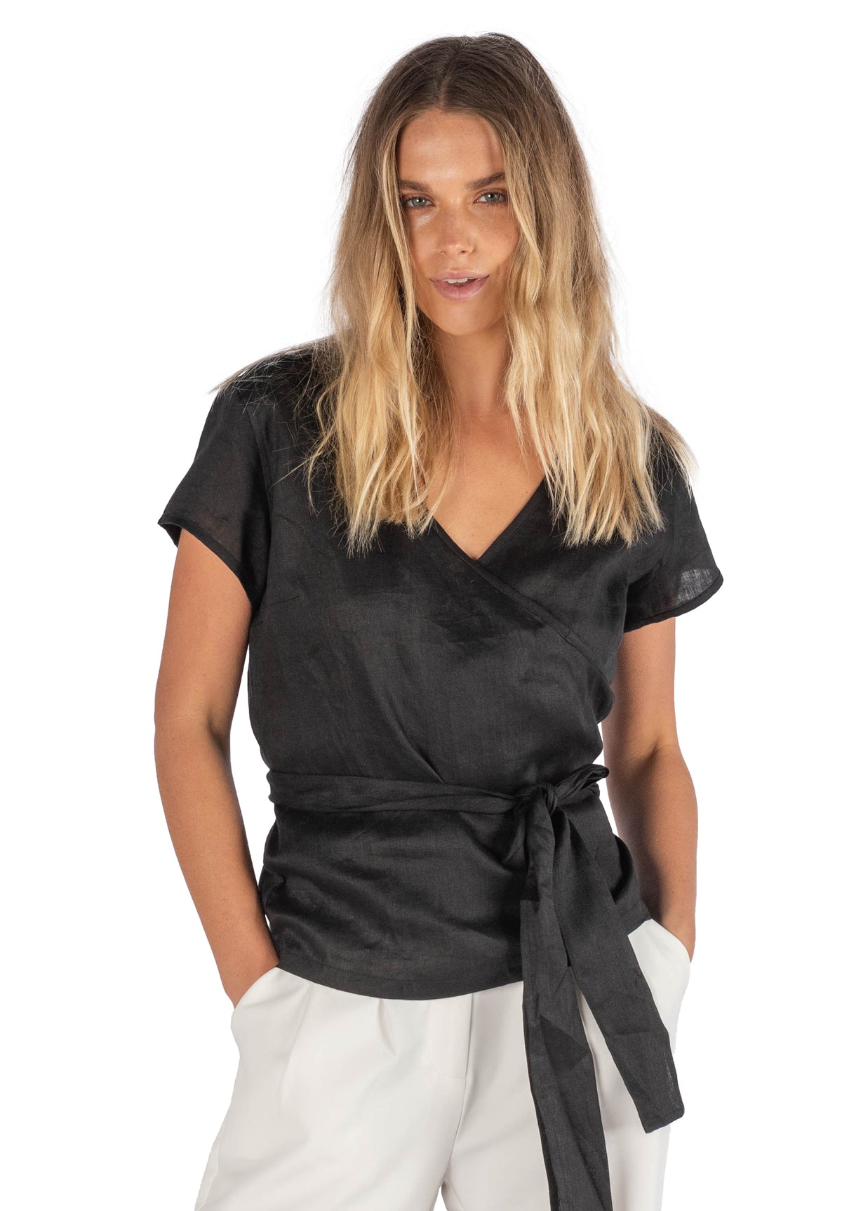 Veronica Black Wrap Linen Blouse