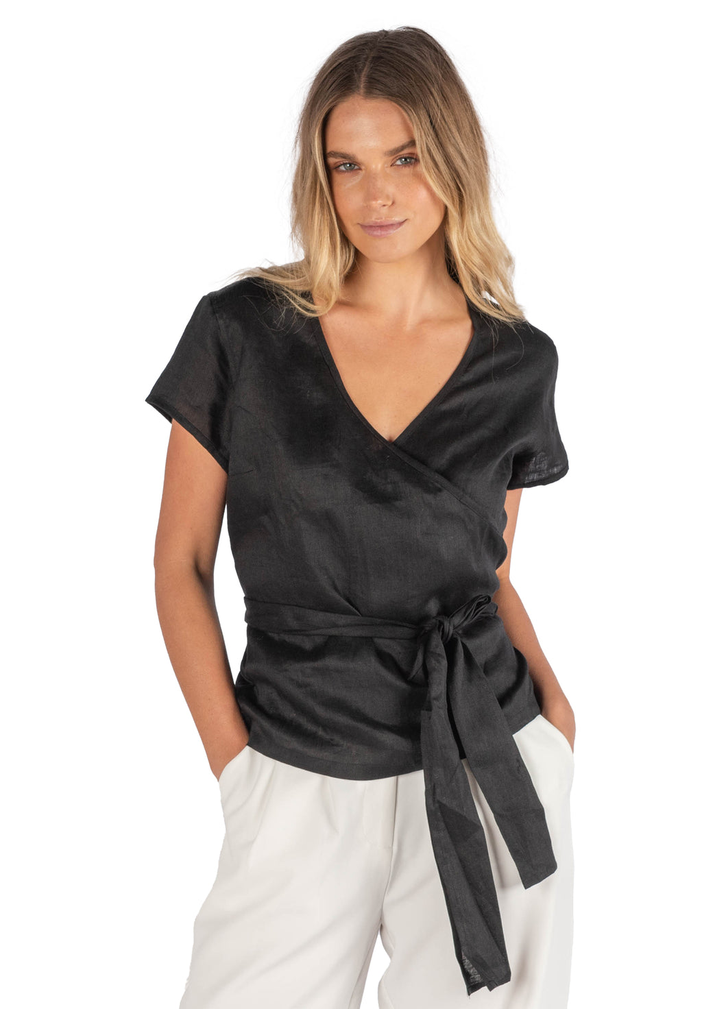 Veronica Black Wrap Linen Blouse