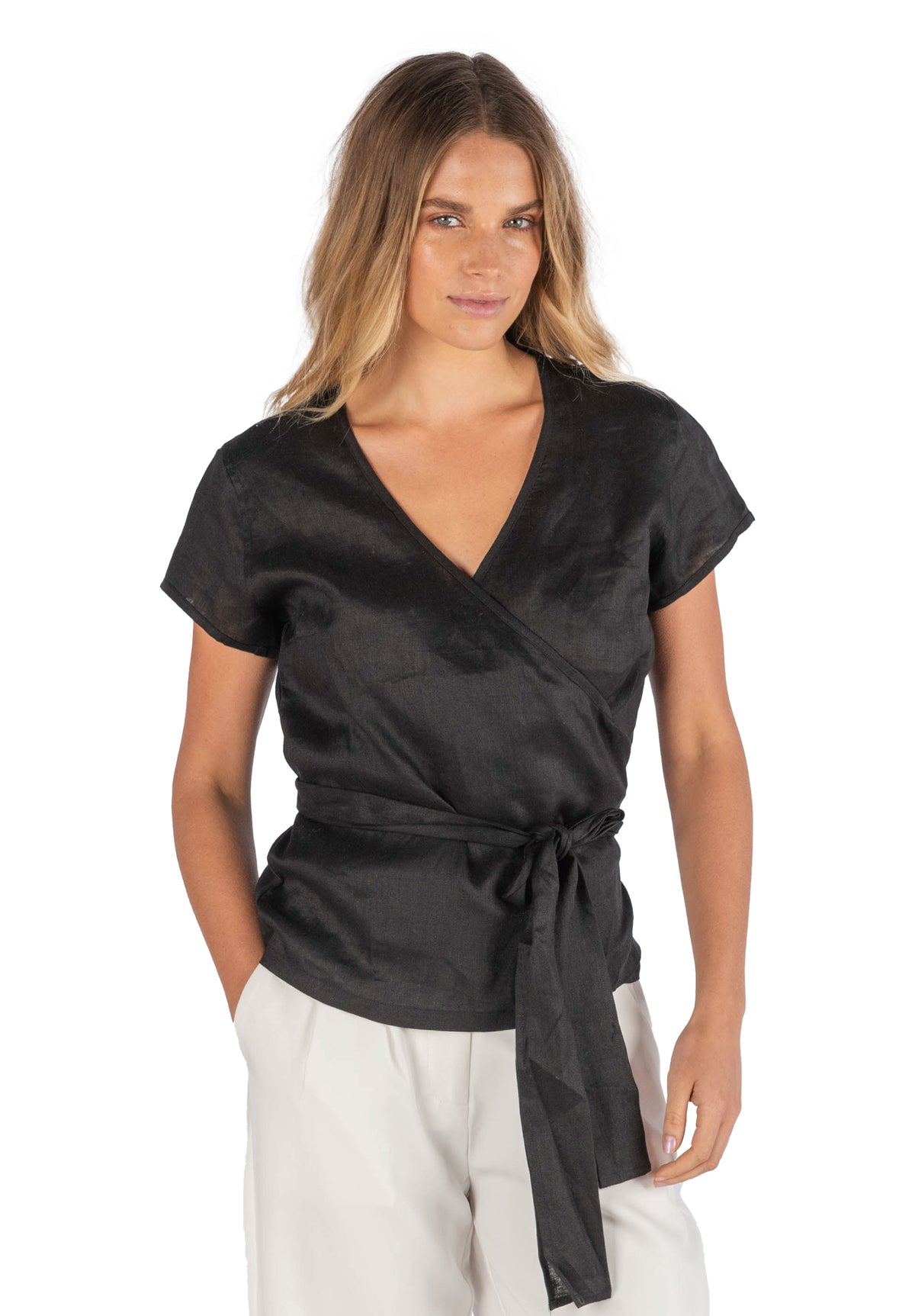 Veronica Black Wrap Linen Blouse